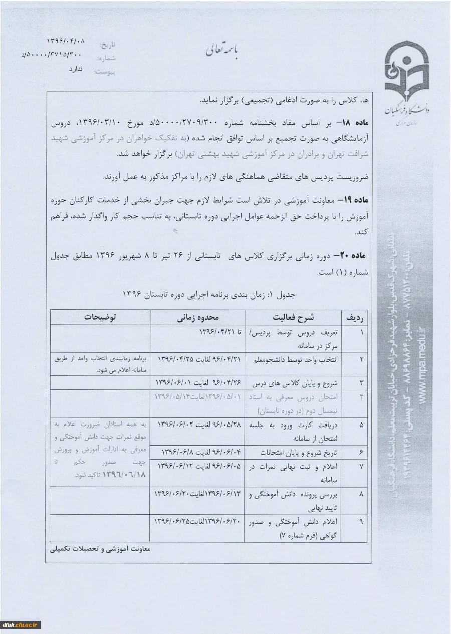 زمان انخاب واحد ترم تابستان 96